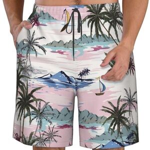 Men's Size 2XL Quick Dry Swim Trunks - Palm Tree Island & Sailboats Design